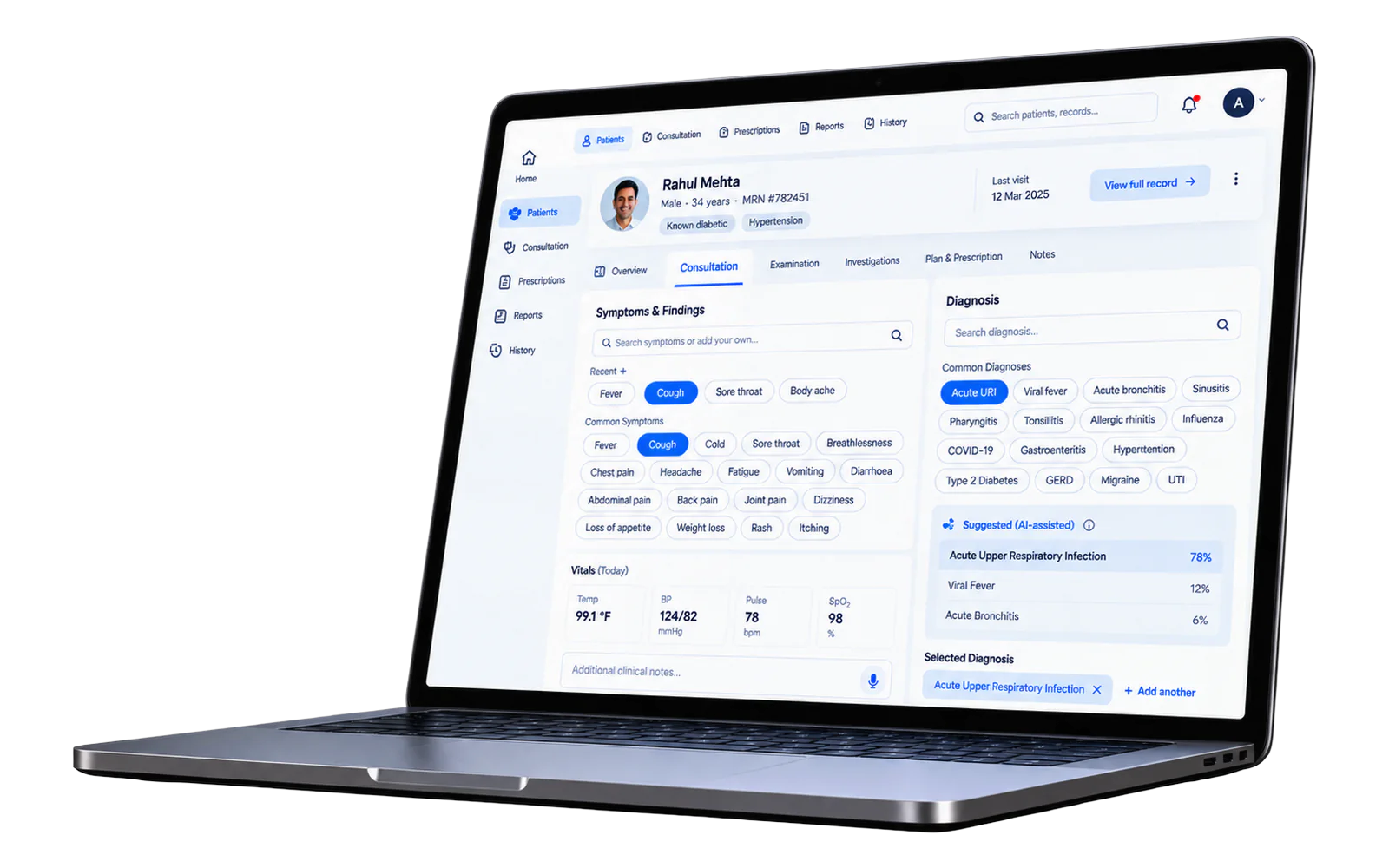 Electronic Medical Record on a laptop — the patient record, symptoms and findings, vitals, and AI-assisted diagnosis suggestions