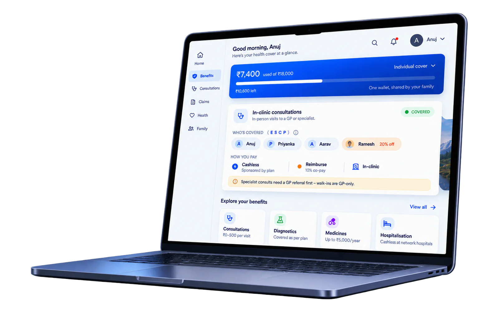 Know Your Benefits — the benefits page on a laptop: wallet balance, who's covered, and how each payment route works