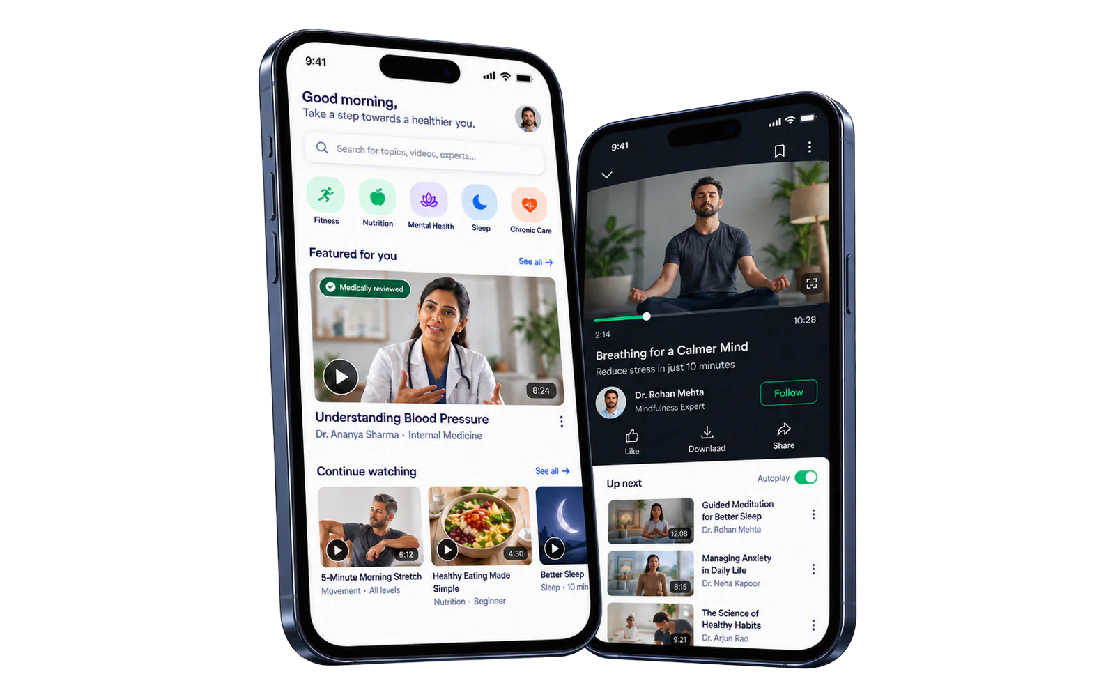 CNH Play on two phones — the home feed of health videos, and the player with what's up next