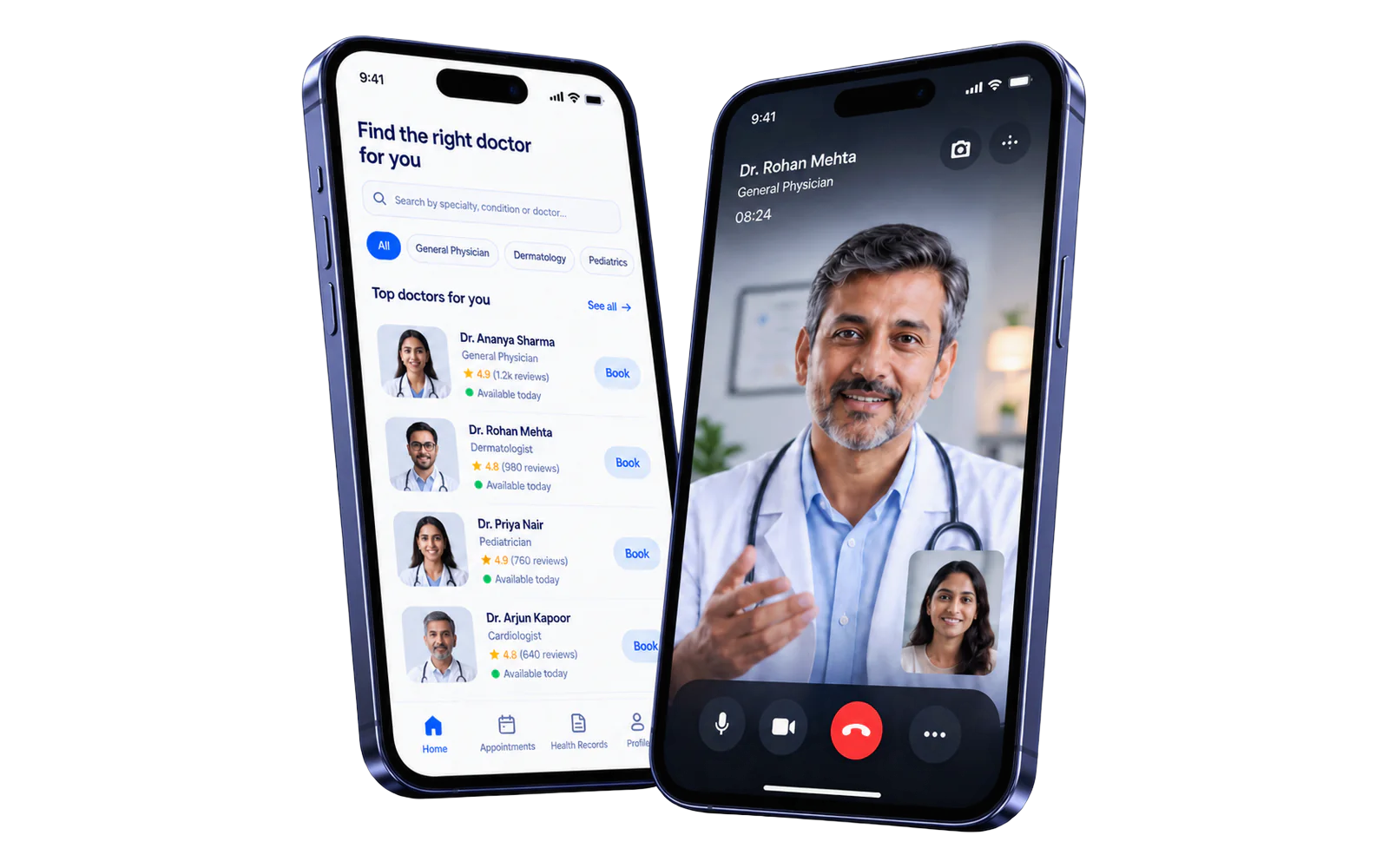 Teleconsultation on two phones — finding a doctor, and a live video consultation in progress