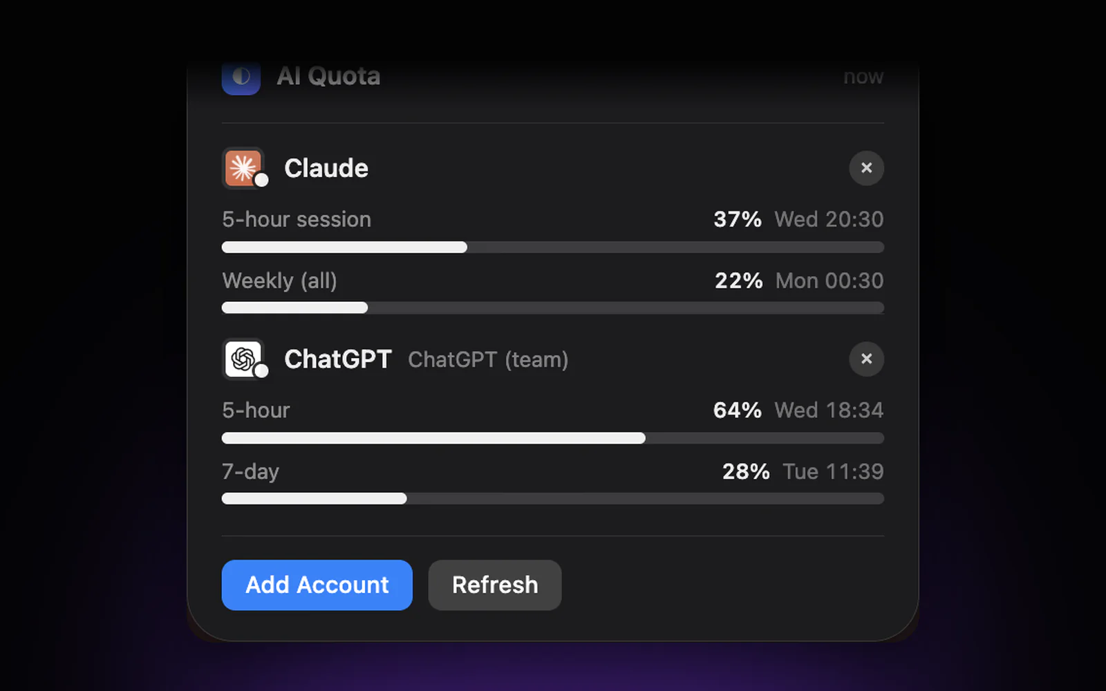 The aiquota desktop widget: Claude's 5-hour session at 37% and weekly at 22%, ChatGPT's 5-hour at 64% and 7-day at 28%, each with its reset time