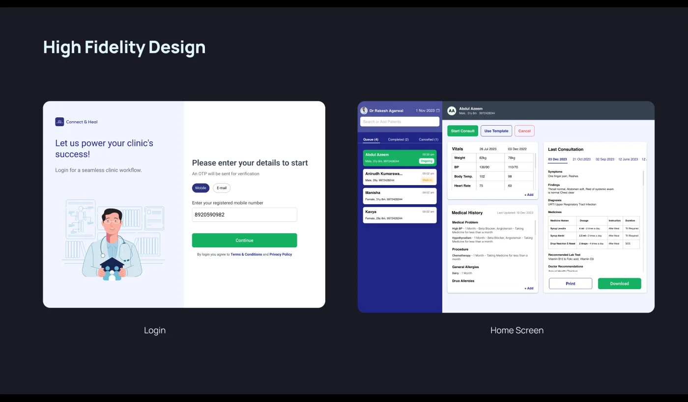 Login and home screen — today's list beside the active consultation