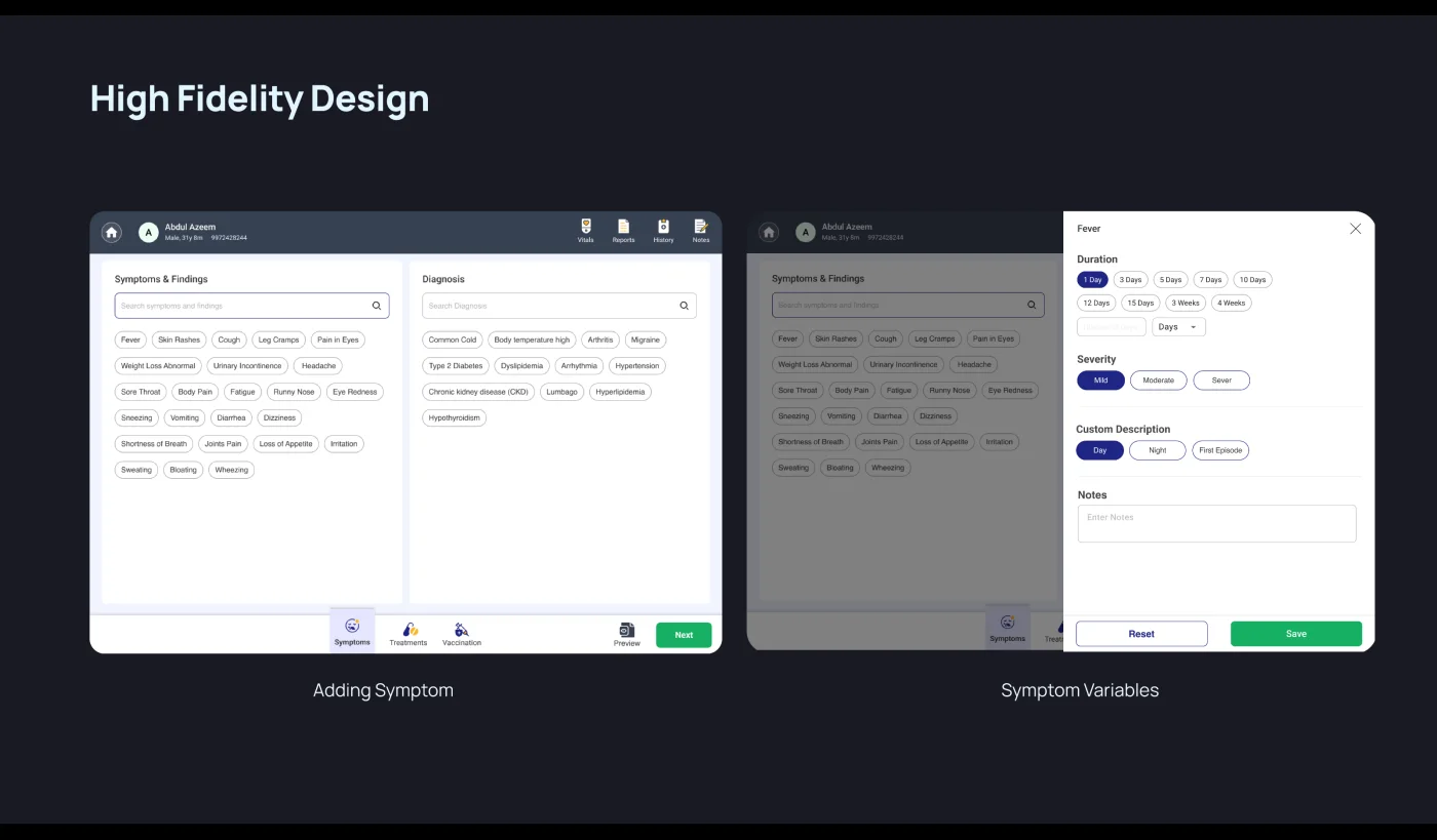 Adding a symptom, and the variables panel behind it